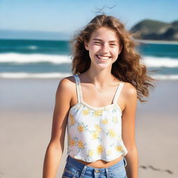 A vibrant and youthful 18-year-old girl with a bright smile, wearing a summer outfit, standing on a sunny beach with the ocean in the background