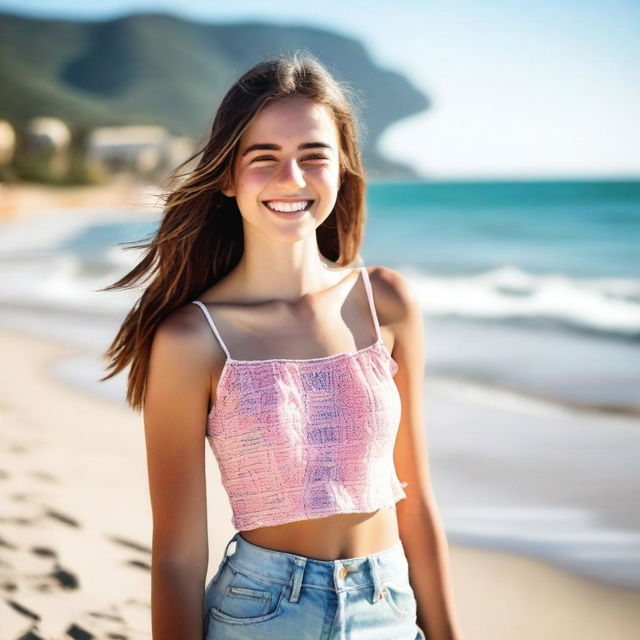 A vibrant and youthful 18-year-old girl with a bright smile, wearing a summer outfit, standing on a sunny beach with the ocean in the background