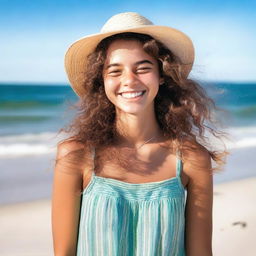 A vibrant and youthful 18-year-old girl with a bright smile, wearing a summer outfit, standing on a sunny beach with the ocean in the background