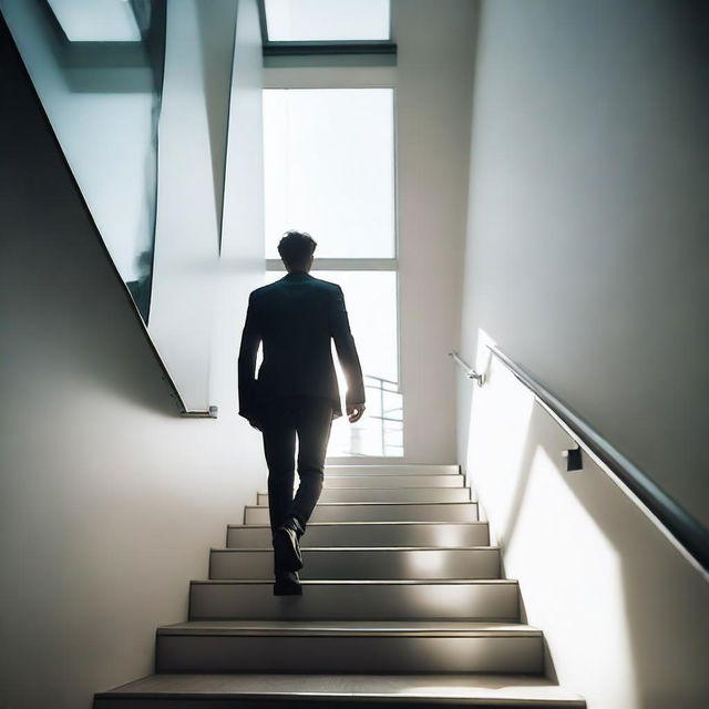 A dynamic image of a person ascending a staircase