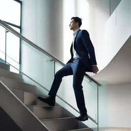 A dynamic image of a person ascending a staircase