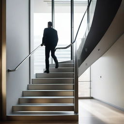 A dynamic image of a person ascending a staircase