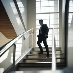 A dynamic image of a person ascending a staircase