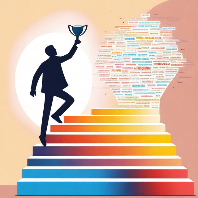 A dynamic image of a person ascending a staircase, with each step labeled with motivational words like 'Effort,' 'Perseverance,' 'Growth,' and 'Success