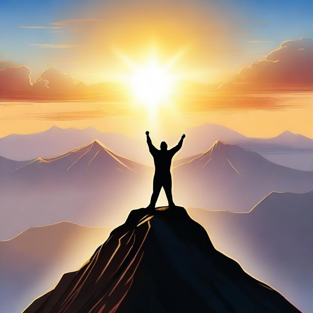 A figure standing triumphantly on top of a mountain, symbolizing overcoming challenges and reaching the pinnacle of success