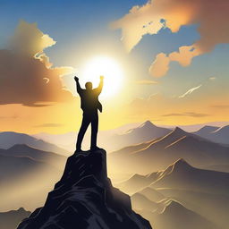 A figure standing triumphantly on top of a mountain, symbolizing overcoming challenges and reaching the pinnacle of success