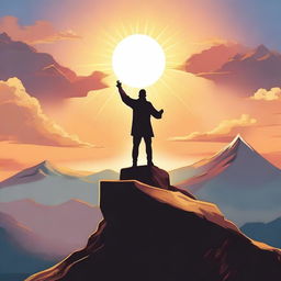 A figure standing triumphantly on top of a mountain, symbolizing overcoming challenges and reaching the pinnacle of success