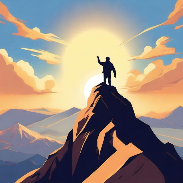 A figure standing triumphantly on top of a mountain, symbolizing overcoming challenges and reaching the pinnacle of success