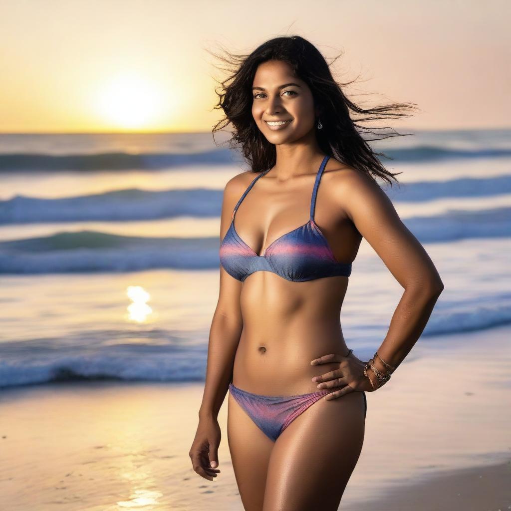 A 35-year-old Indian woman wearing a bikini, standing confidently on a beach