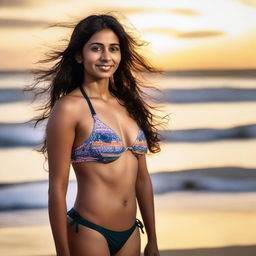 A 35-year-old Indian woman wearing a bikini, standing confidently on a beach