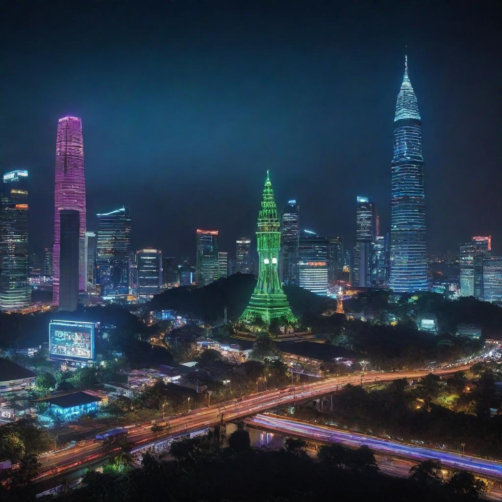 Envisioning Indonesia under an electropunk lens, its traditional landmarks and lush green landscapes illuminated with vibrant neon lights, local culture embellished in high-tech visuals and its cities buzzing with digital interfaces.