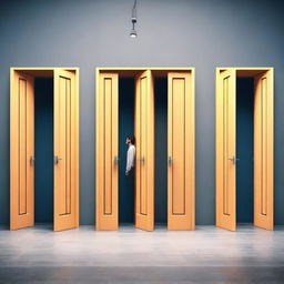 A figure standing confidently before a series of doors
