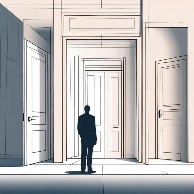 A figure standing confidently before a series of doors