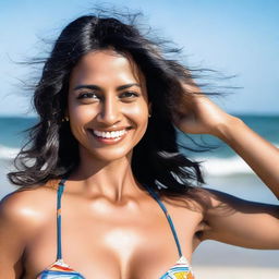 A 35-year-old Indian woman wearing a bikini at the beach