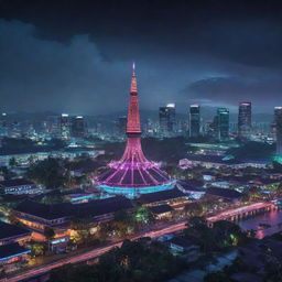 Envisioning Indonesia under an electropunk lens, its traditional landmarks and lush green landscapes illuminated with vibrant neon lights, local culture embellished in high-tech visuals and its cities buzzing with digital interfaces.