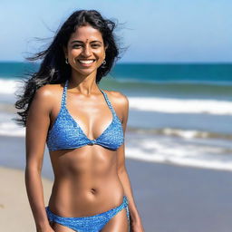 A 35-year-old Indian woman wearing a bikini at the beach