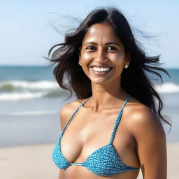 A 35-year-old Indian woman wearing a bikini at the beach