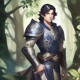 A forest elf paladin with dark blue eyes, light beige skin, and black hair