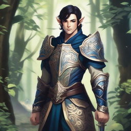 A forest elf paladin with dark blue eyes, light beige skin, and black hair