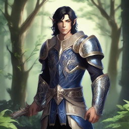 A forest elf paladin with dark blue eyes, light beige skin, and black hair