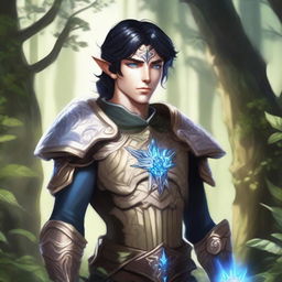 A forest elf paladin with dark blue eyes, light beige skin, and black hair