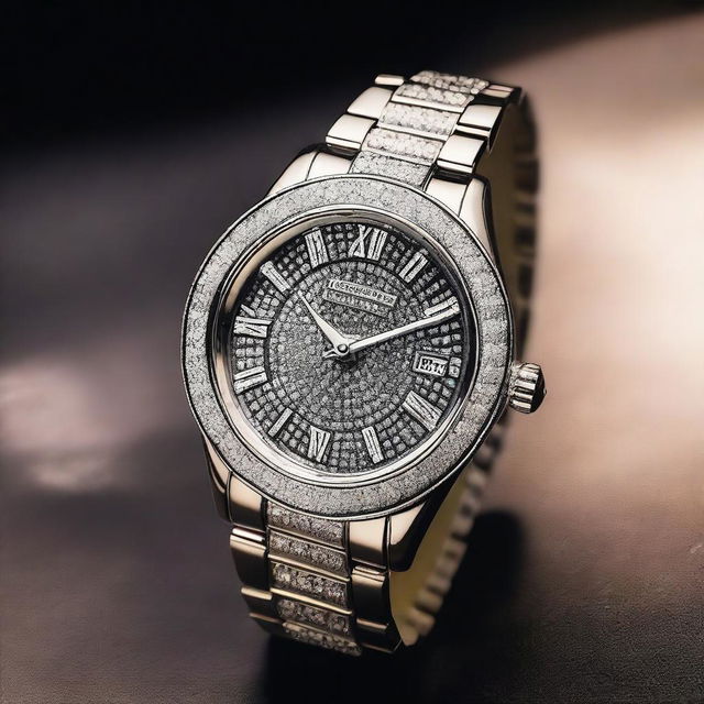 A luxurious diamond-studded watch set against a dark background