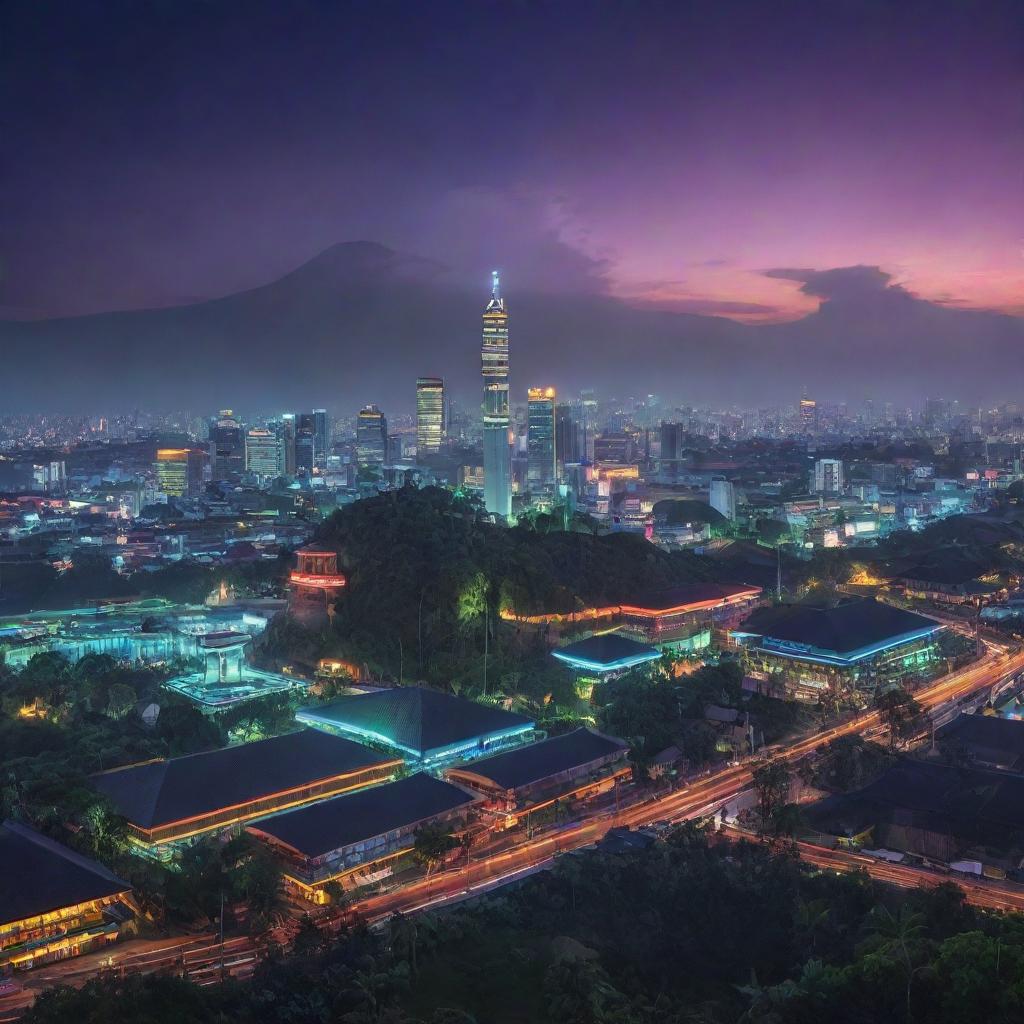 Envisioning Indonesia under an electropunk lens, its traditional landmarks and lush green landscapes illuminated with vibrant neon lights, local culture embellished in high-tech visuals and its cities buzzing with digital interfaces.