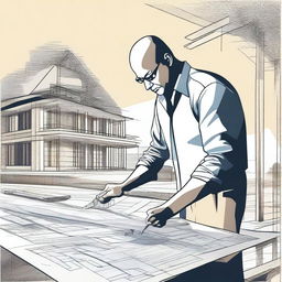 An illustration of a person holding or working on a large blueprint or architectural plan, with a partially built structure in the background