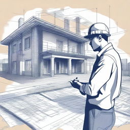 An illustration of a person holding or working on a large blueprint or architectural plan, with a partially built structure in the background