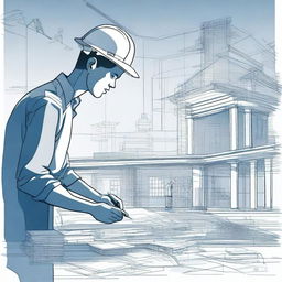 An illustration of a person holding or working on a large blueprint or architectural plan, with a partially built structure in the background