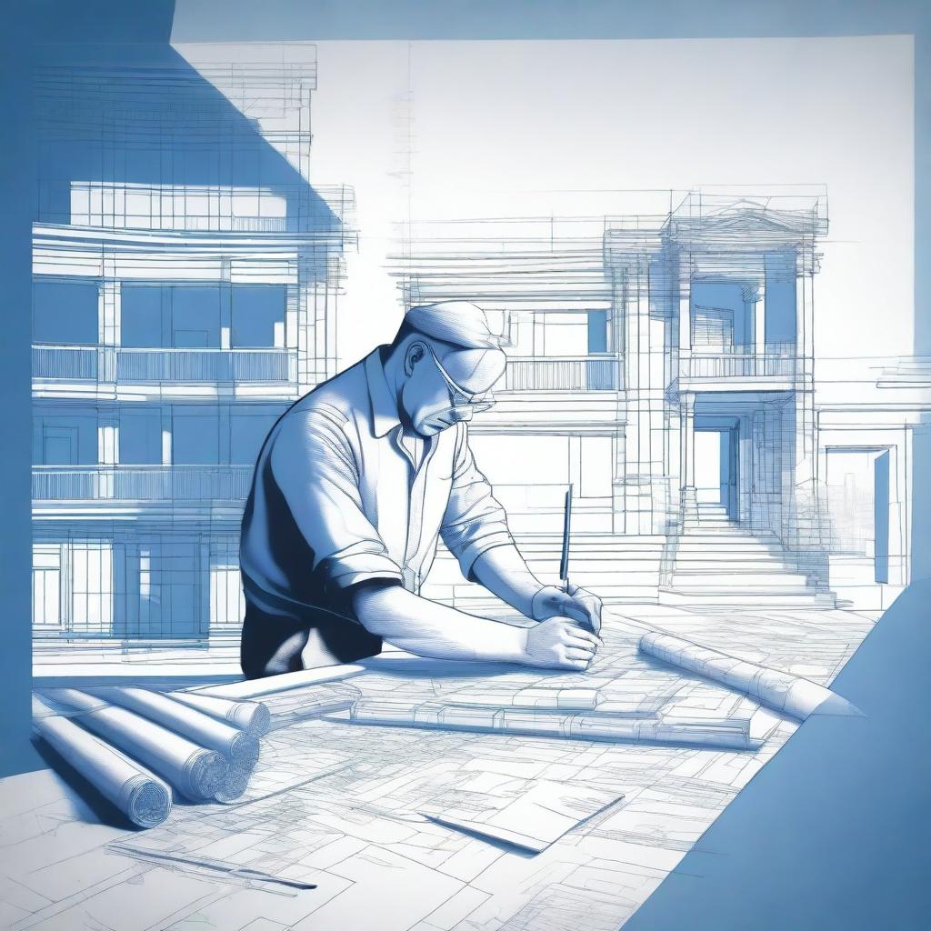 An illustration of a person holding or working on a large blueprint or architectural plan, with a partially built structure in the background