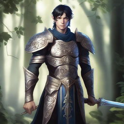 A forest elf paladin with dark blue eyes, light beige skin, and black hair