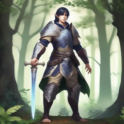 A forest elf paladin with dark blue eyes, light beige skin, and black hair