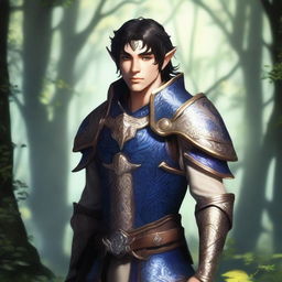 A forest elf paladin with dark blue eyes, light beige skin, and black hair