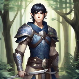 A forest elf paladin with dark blue eyes, light beige skin, and black hair