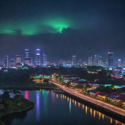 Envisioning Indonesia under an electropunk lens, its traditional landmarks and lush green landscapes illuminated with vibrant neon lights, local culture embellished in high-tech visuals and its cities buzzing with digital interfaces.