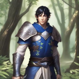 A forest elf paladin with dark blue eyes, light beige skin, and black hair