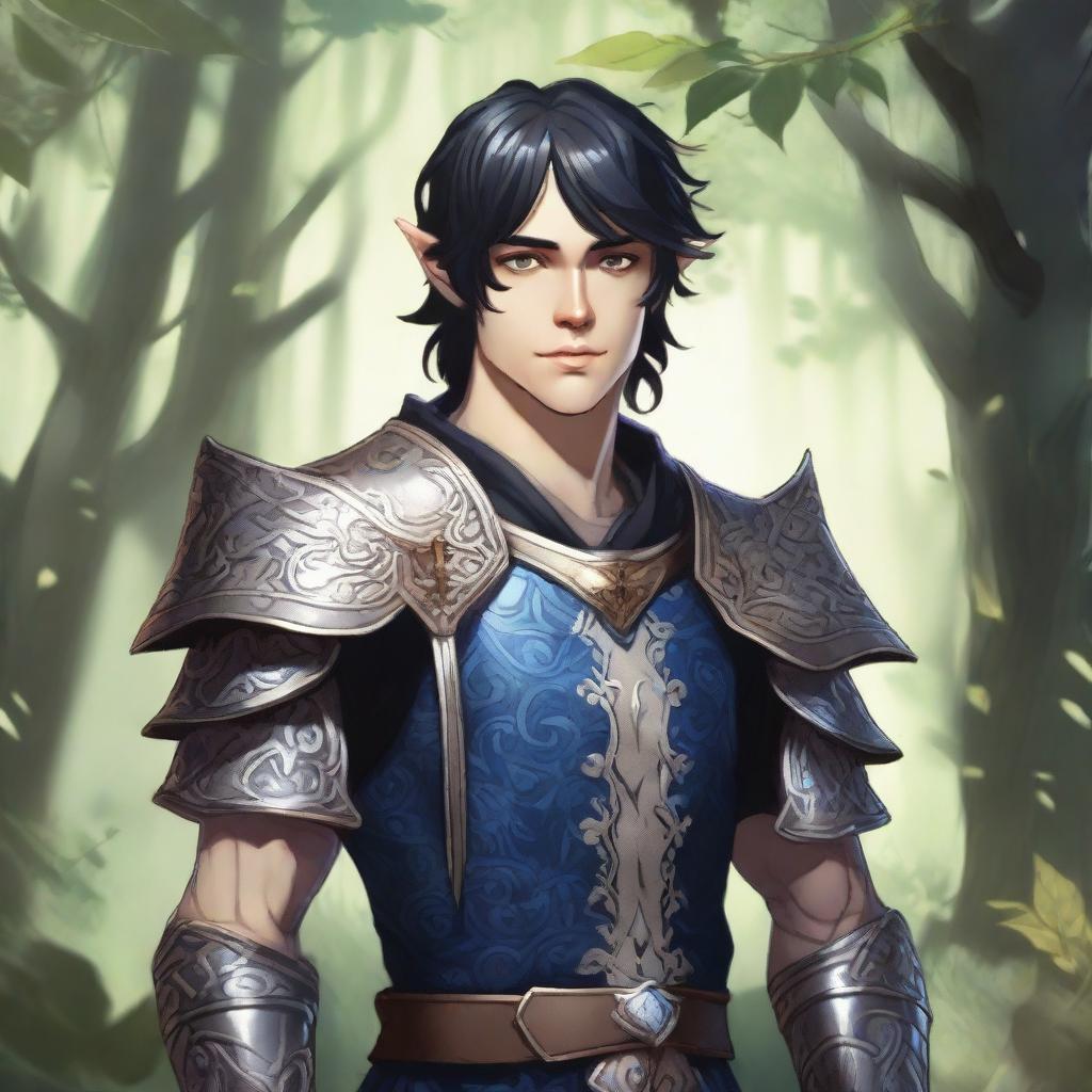 A forest elf paladin with dark blue eyes, light beige skin, and black hair