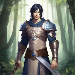 A forest elf paladin with dark blue eyes, light beige skin, and black hair