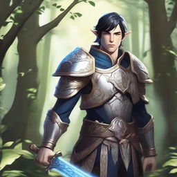 A forest elf paladin with dark blue eyes, light beige skin, and black hair