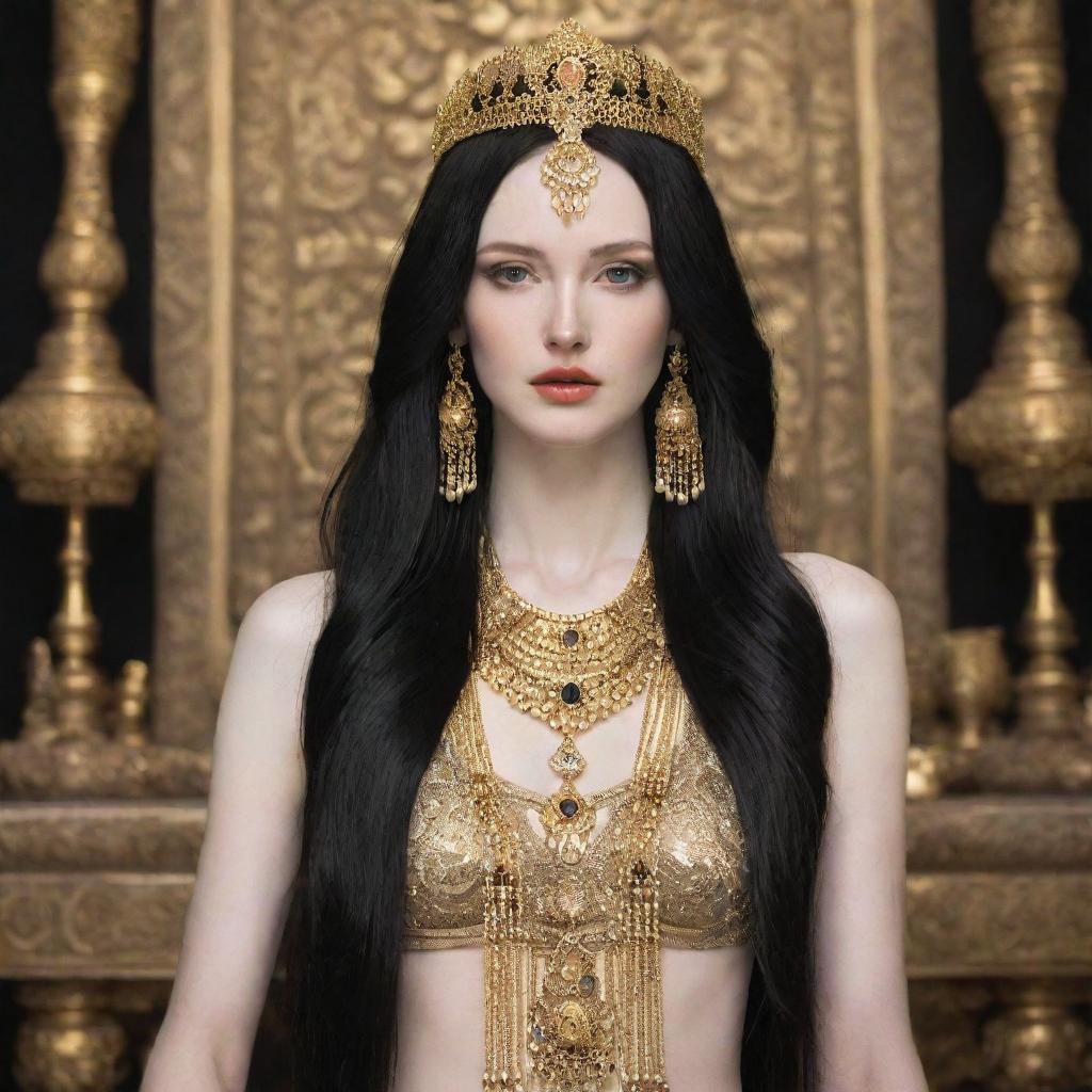 A tall woman with pale skin and long black hair, adorned in divine goddess attire with gold jewelry decorating every part of her.