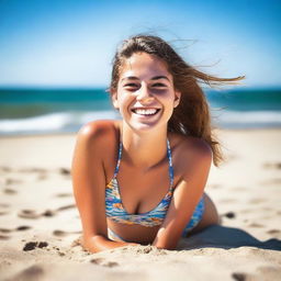 A vibrant and sunny beach scene featuring an 18-year-old girl enjoying her time by the sea