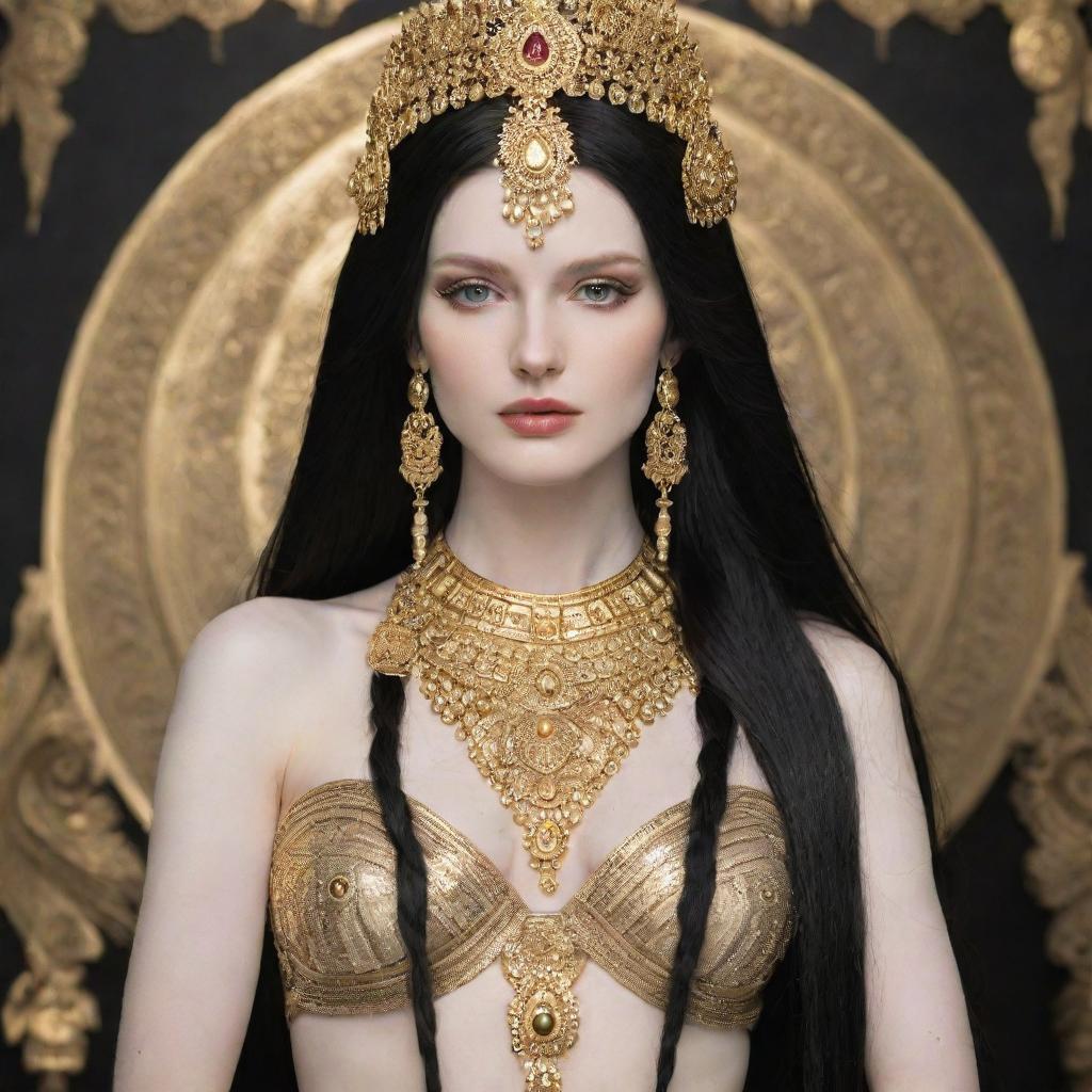 A tall woman with pale skin and long black hair, adorned in divine goddess attire with gold jewelry decorating every part of her.