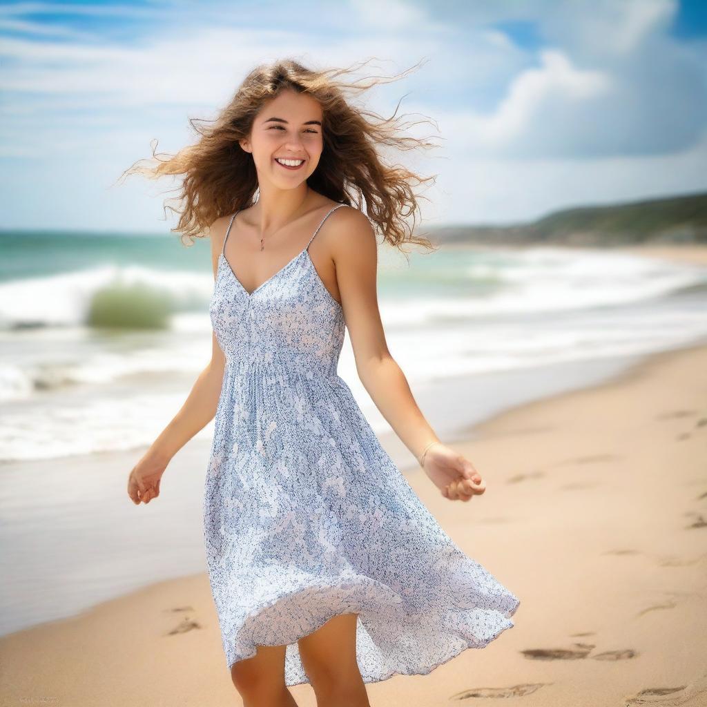 A 20-year-old girl striking a playful pose on a sunny beach