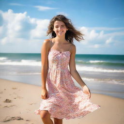 A 20-year-old girl striking a playful pose on a sunny beach