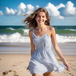 A 20-year-old girl striking a playful pose on a sunny beach