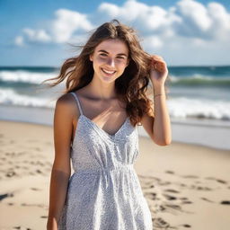 A 20-year-old girl striking a playful pose on a sunny beach