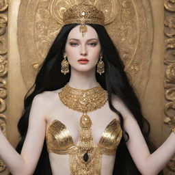 A tall woman with pale skin and long black hair, adorned in divine goddess attire with gold jewelry decorating every part of her.