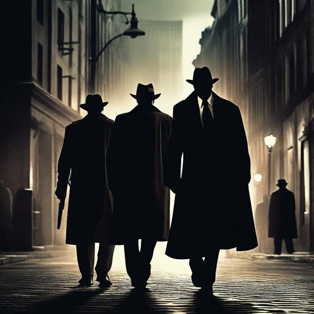 A captivating crime drama movie poster featuring a dark cityscape at night, with shadowy figures in trench coats and fedoras