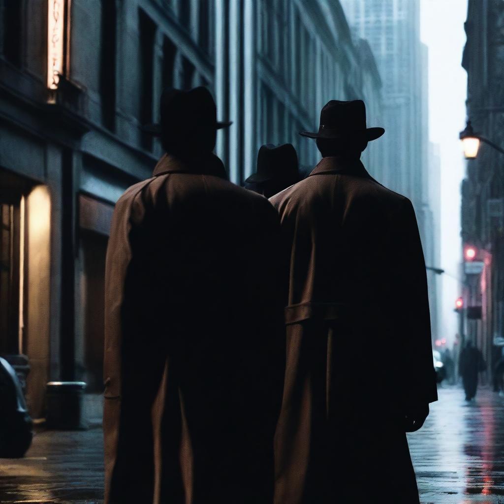 A captivating crime drama movie poster featuring a dark cityscape at night, with shadowy figures in trench coats and fedoras